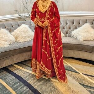 Radiant Red and Gold Anarkali Maxi Dress
